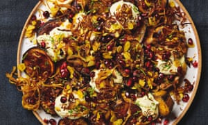 Yotam Ottolenghi’s roast aubergine with curried yoghurt, caramelised onions and pomegranate.