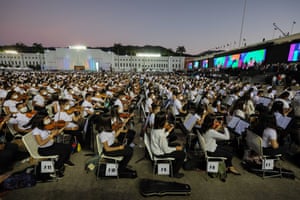 The System of Children and Youth Orchestras of Venezuela performing with more than 12,000 musicians in an attempt for the Guinness World Record of the largest orchestra in the world