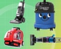 Four carpet cleaning machines, including an upright washer and a smiling Henry vacuum, displayed together