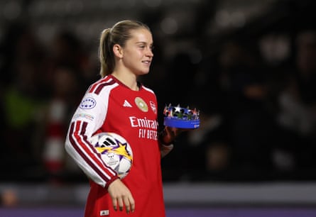 Alessia Russo with the player of the match award and match ball after her hat-trick against Benfica