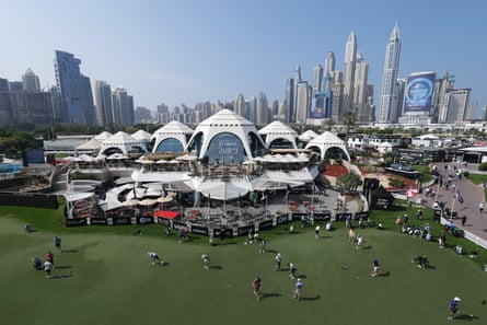 A general view of the practice putting green and clubhouse prior at the Emirates Golf Club in Dubai