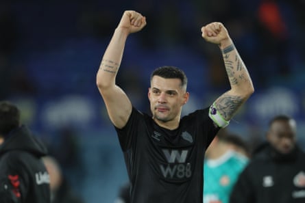 Granit Xhaka celebrates Sunderland’s win at Leeds.