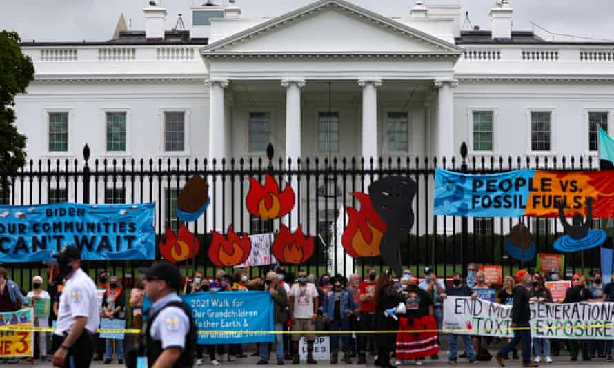 Native and other environmentalist groups gather outside the White House last week urging Joe Biden to reject fossil fuel projects and declare a climate emergency.