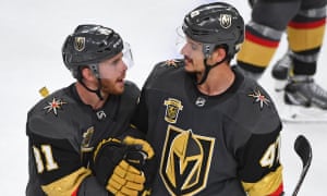 Jonathan Marchessault (left) talks with defenseman Luca Sbisa (right) after the Golden Knights defeated the San Jose Sharks 5-3.