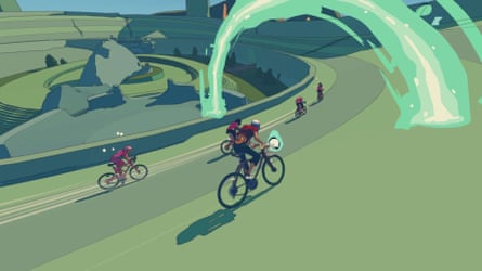 A screenshot of video game Wheel World of cyclists moving on a lush green circuit.