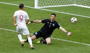 Gianluigi Buffon is finally beaten but Lucas Vazquez’s shot hits the post and he is offside anyway.