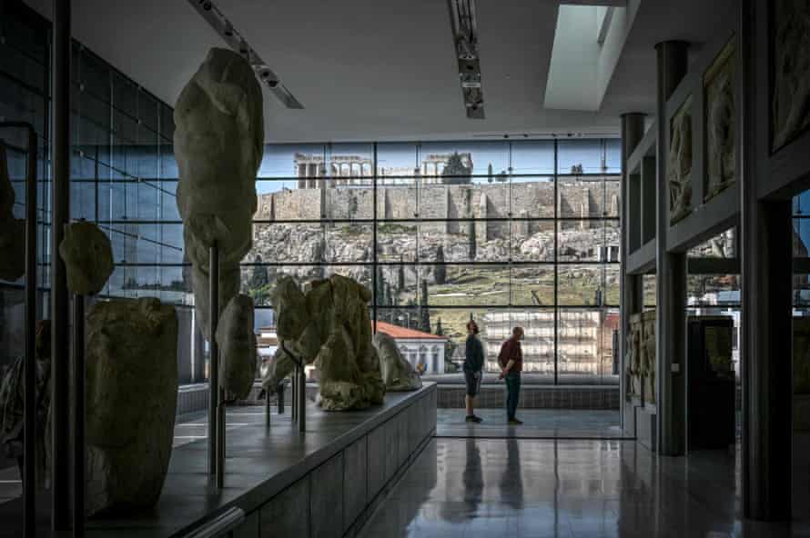 A view of the Parthenon temple from the Acropolis museum in Athens