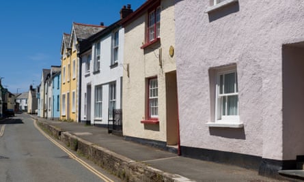 Colourful roadside houses in the village of Hartland, Devon, UK.