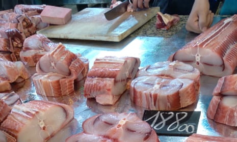 Potential shark meat is seen on sale in Monastir, Tunisia.