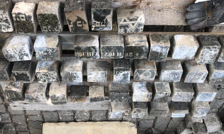 Some of the Jewish headstones dug up by workers in Prague’s Wenceslas Square