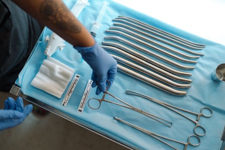 A clinic staff member shows the tray setup for second trimester abortion at Whole Woman’s Health.