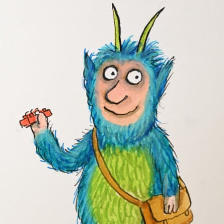 Furry blue man with a pink face and pointy ears holding a red crayon and carrying a satchel