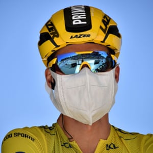 Team Jumbo-Visma rider Primoz Roglic of Slovenia, wearing the overall leader’s yellow jersey.