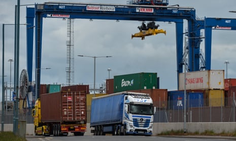 Lorries next to the container terminal in Belfast port.