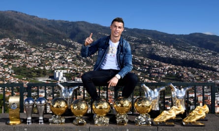 Cristiano Ronaldo shows off some of his individual awards at his Madeira home, including his five Ballons d’Or.