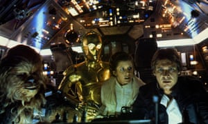 Chewbacca, C-3PO, Princess Leia and Han Solo on board the Millennium Falcon in the 1980 sequel, Star Wars: Episode V – The Empire Strikes Back