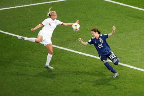 England’s Toni Duggan gets ready to volley the ball as it sails past Japan’s Risa Shimizu.