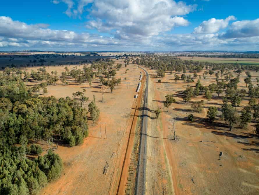 Aerial view of train tracks above Parkes, New South Wales