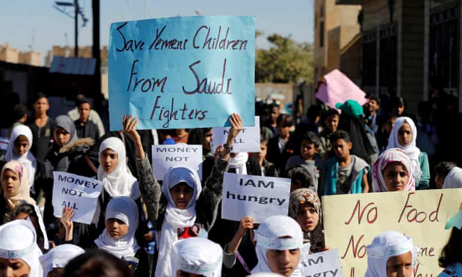 Yemeni children protest against the Saudi-led coalition outside the UN offices in Sana’a.