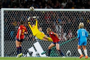 A shot from England’s Lauren Hemp, right, hits the crossbar in the 15th minute.