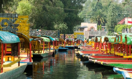 Colourful boats at the Floating Gardens in Xochimilco, Mexico.