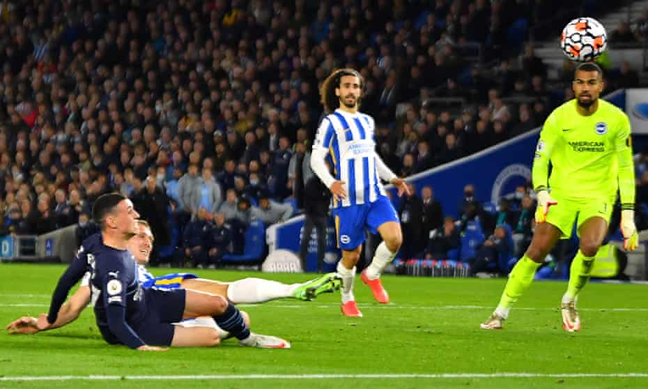 Phil Foden deflects in Dan Burn’s attempted clearance to put Manchester City 2-0 up. Three minutes later he deflected in a Gabriel Jesus shot to make it three.