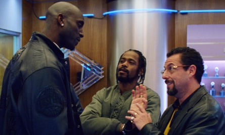 Tall tale … Sandler and Lakeith Stanfield with NBA star Kevin Garnett, playing himself.
