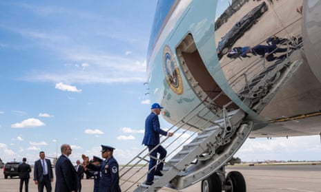 Joe Biden boards Air Force One at Peterson air force base in Colorado Springs, Colorado, on Thursday to travel back to Washington after attending the air force academy graduation ceremony.