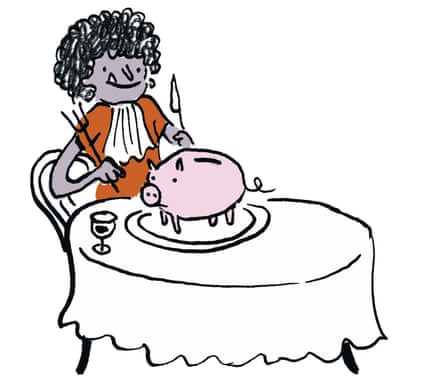 Illustration of a person sitting at a dining table, holding a knife and fork, with a piggy bank on a plate in front of them
