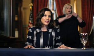 Gretchen Whitmer addresses the state during a speech in Lansing on 2 April.