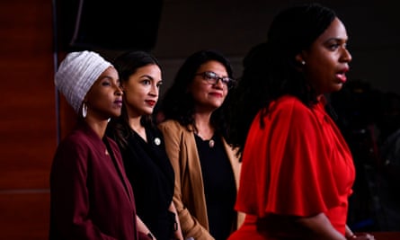 US representatives Ayanna Pressley, right, speaks during a news conference with Ilhan Omar, Rashida Tlaib, and Alexandria Ocasio-Cortez.