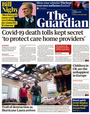 Guardian front page, Friday 28 August 2020
