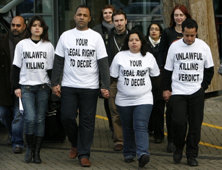 Cousins and a friend of killed Brazilian Jean Charles de Menezes, from front left, Vivian Meneses, Erionaldo Da Silva, Patricia Armani, Alessandro Pereira leave the Oval cricket ground where the inquest into the death of de Menezes is held in London, Thursday, Dec. 4, 2008, wearing T-shirts saying Unlawful Killing and Your Legal Right To Decide