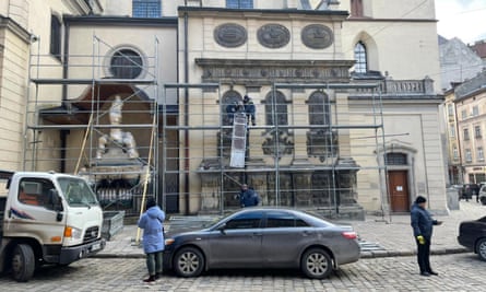 Lviv’s Latin cathedral being boarded up.