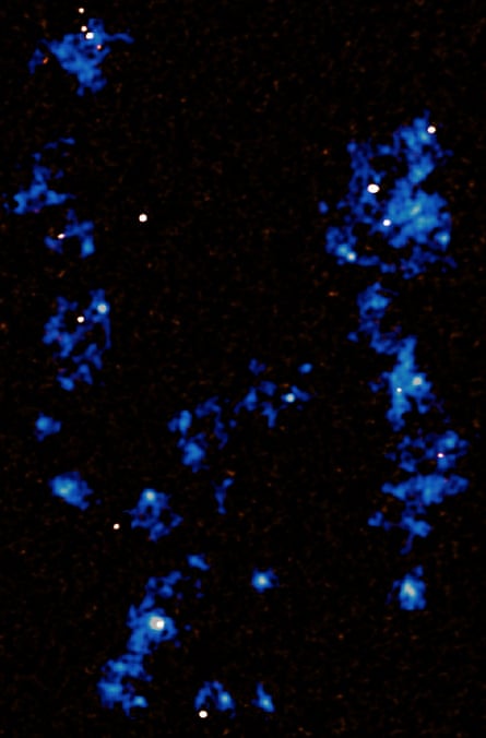 Cosmic web: map showing the gas filaments with white dots showing very active star-forming galaxies