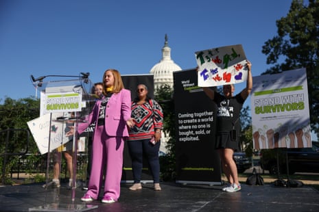 Epstein survivor Liz Stein speaks outside the Capitol today.