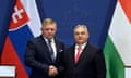 Slovakia's Prime Minister Robert Fico visits Budapest<br>epa11082795 Slovakian Prime Minister Robert Fico (L) and Hungarian Prime Minister Viktor Orban shake hands during a press conference following their meeting in the government headquarters in Budapest, Hungary, 16 January 2024. EPA/Szilard Koszticsak HUNGARY OUT