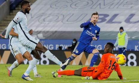 Leicester City’s James Maddison scores their second goal.