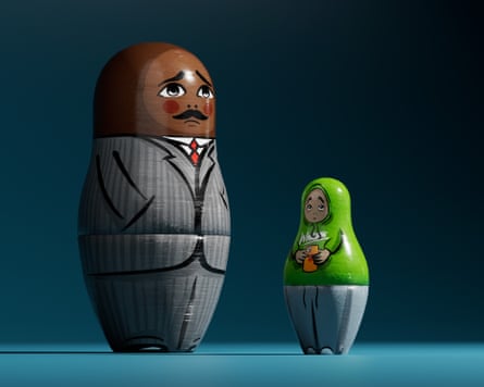 A wooden doll of a worried-looking man next to a smaller wooden doll of a teenager holding a mobile phone