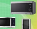 Three microwaves displayed against a green and yellow grid background