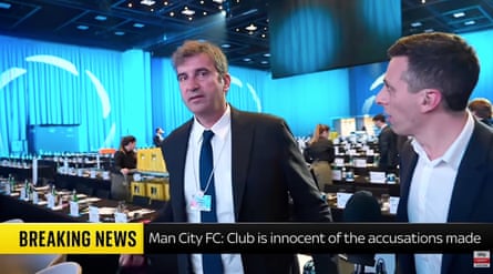 The sports correspondent Rob Harris confronts Manchester City chief executive, Ferran Soriano, in Copenhagen