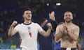 England's Declan Rice, left, England's Luke Shaw, center, England's Mason Mount, second right, and England's Harry Maguire applaud fans at the end of the Euro 2020 soccer championship quarterfinal soccer match between Ukraine and England at the Olympic stadium, in Rome, Italy, Saturday, July 3, 2021. England won 4-0. (Lars Baron/Pool Photo via AP)