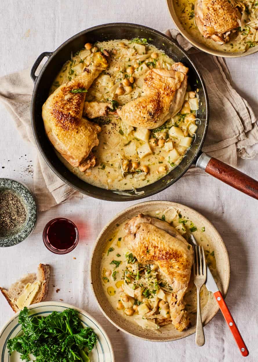 One-pot chicken with celeriac, chickpeas and tahini broth