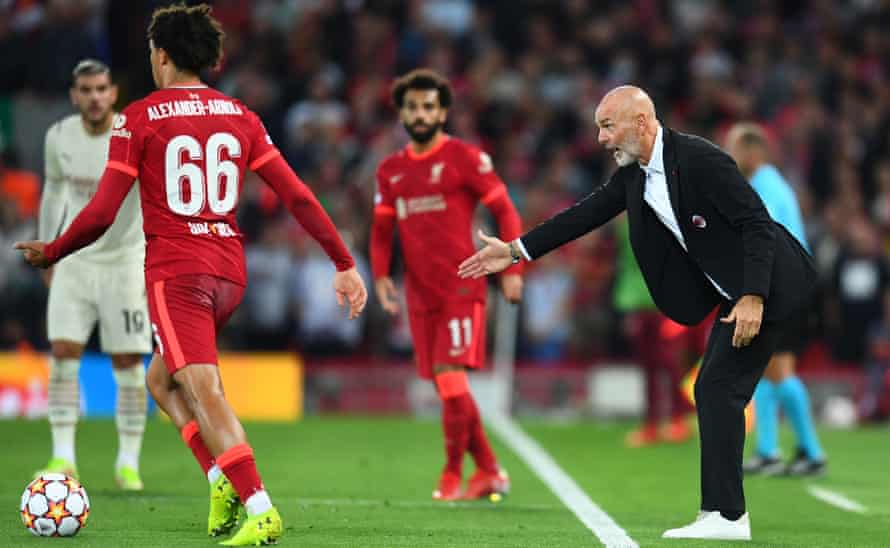 Stefano Pioli reacts during Milan’s Champions League Group B match at Liverpool on 15 September 2021