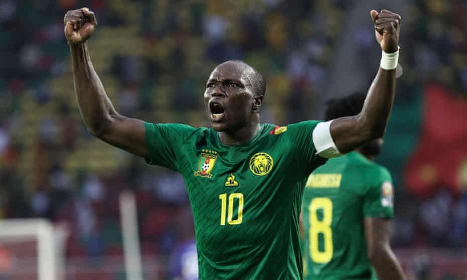 Cameroon's captain Vincent Aboubakar celebrates scoring his team's third goal against Ethiopia