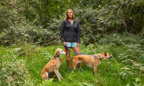 Julia Davies with two dogs in woodland.