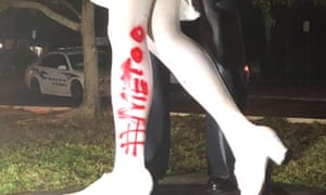 Vandalism to Unconditional Surrender statue, with â#MeTooâ painted on the leg.