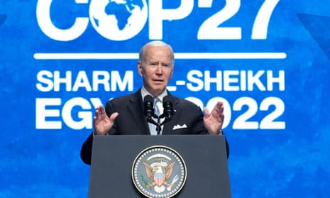 Joe Biden delivering his speech at the COP27 summit in Egypt's Red Sea resort city of Sharm el-Sheikh.