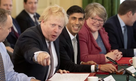 Boris Johnson chairs the first meeting of his new cabinet on Friday morning, flanked (on his left) by the new chancellor, Rishi Sunak.