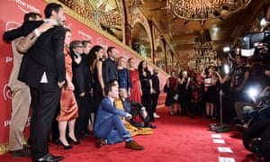 The cast of Amazon’s TV series The Romanoffs poses at the show’s premiere at the Russian Tea Room in New York.